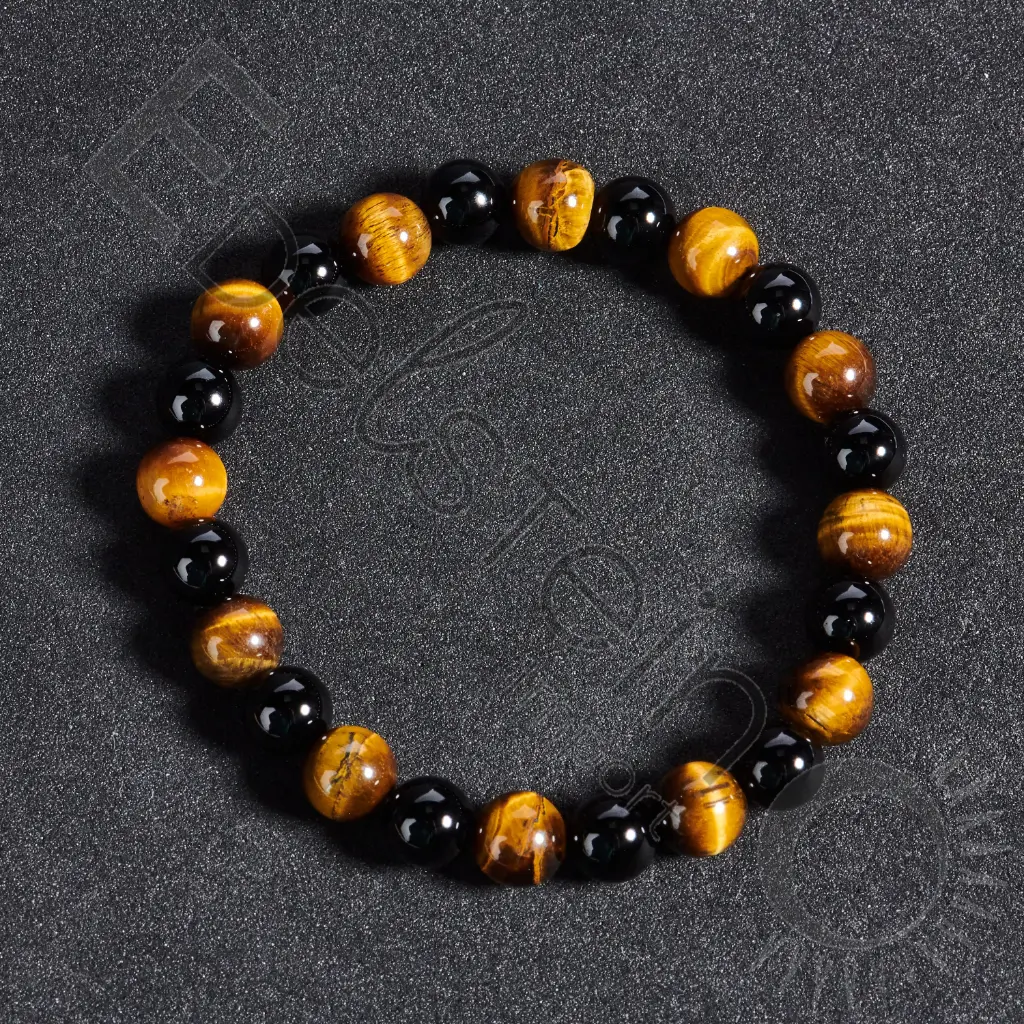 Bracelet Oeil de Tigre & Onyx noir  - Perles naturelles 8mm Taille M - Grossiste minéraux