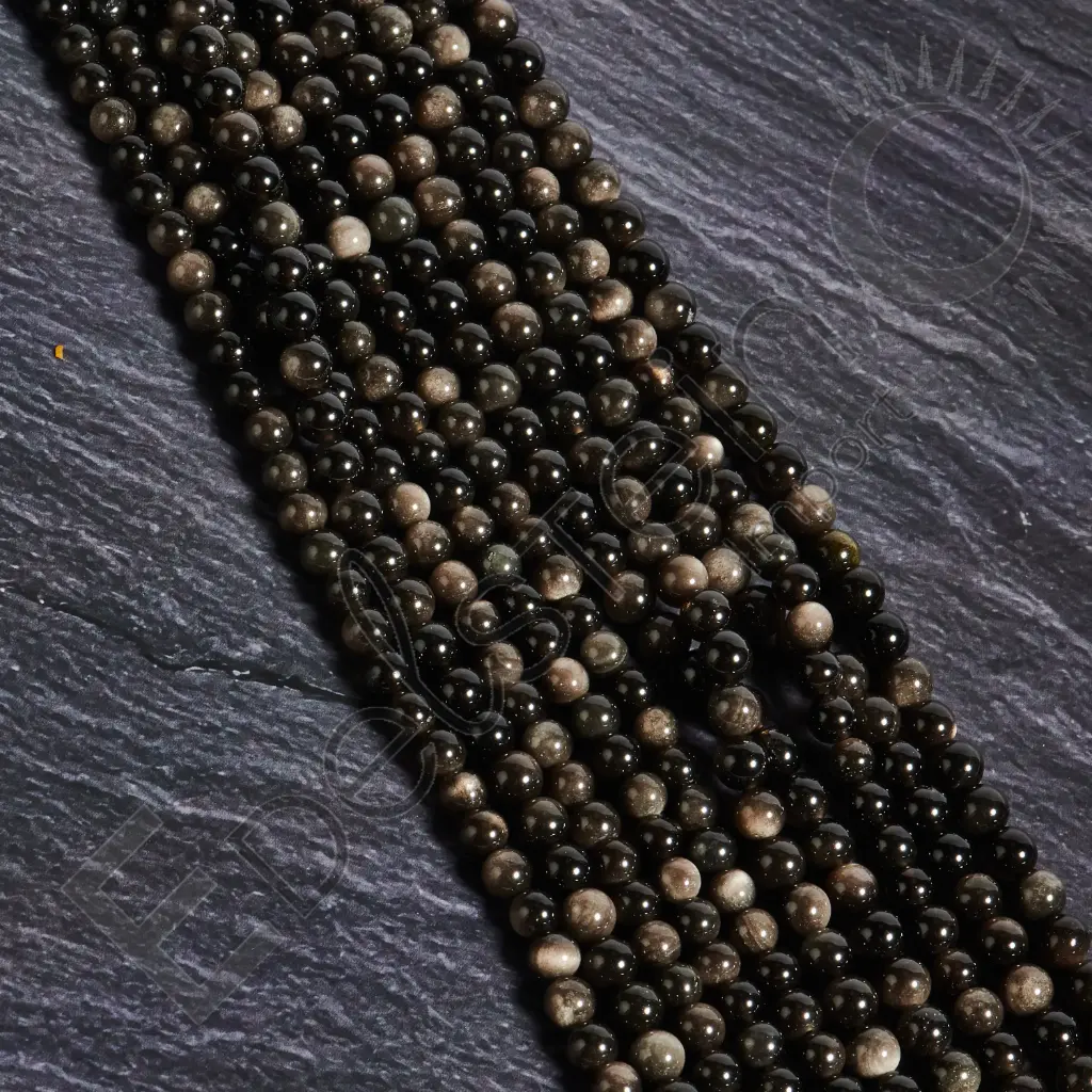 [FPE-OBSA06] Fil de perles Obsidienne argentée – Perles naturelles 6mm – Grossiste minéraux