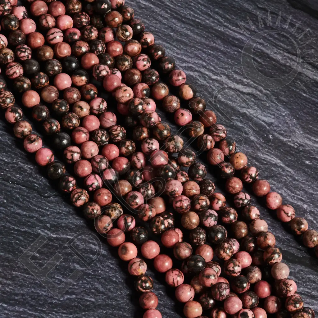 [FPE-RHODN08] Fil de perles Rhodonite noire - Perles naturelles 8mm – Grossiste minéraux