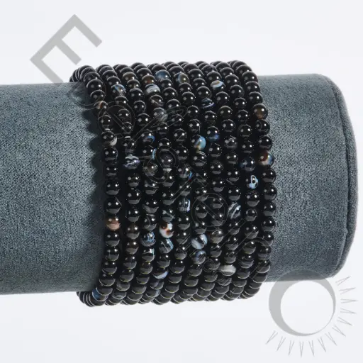 [BRC-AGO04-TM] Bracelet Agate Oeil noire – Perles naturelles 4mm Taille M – Grossiste minéraux