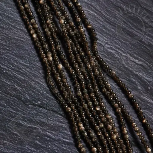 [FPE-OBSA04] Fil de perles Obsidienne argentée – Perles naturelles 4mm – Grossiste minéraux