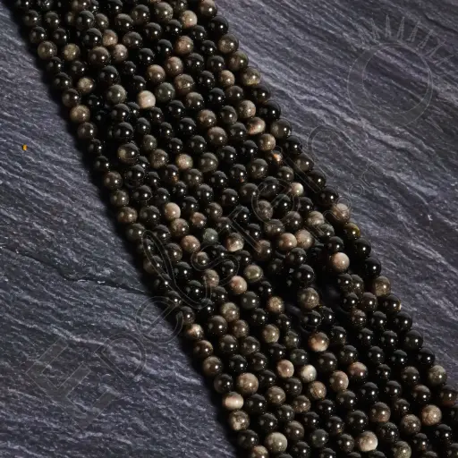 [FPE-OBSA06] Fil de perles Obsidienne argentée – Perles naturelles 6mm – Grossiste minéraux