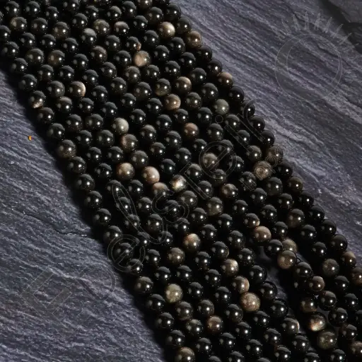 [FPE-OBSA08] Fil de perles Obsidienne argentée – Perles naturelles 8mm – Grossiste minéraux