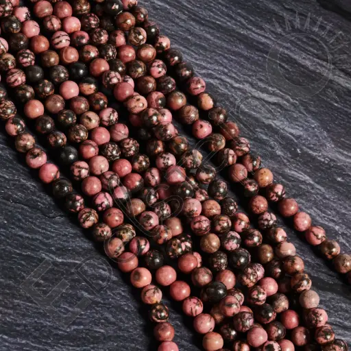 [FPE-RHODN08] Fil de perles Rhodonite noire  - Perles naturelles 8mm – Grossiste minéraux