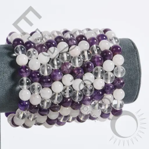 [BRC-ACRQR08-TM] Bracelet Améthyste Quartz Rose Cristal de Roche - Perles naturelles 8mm Taille M - Grossiste minéraux